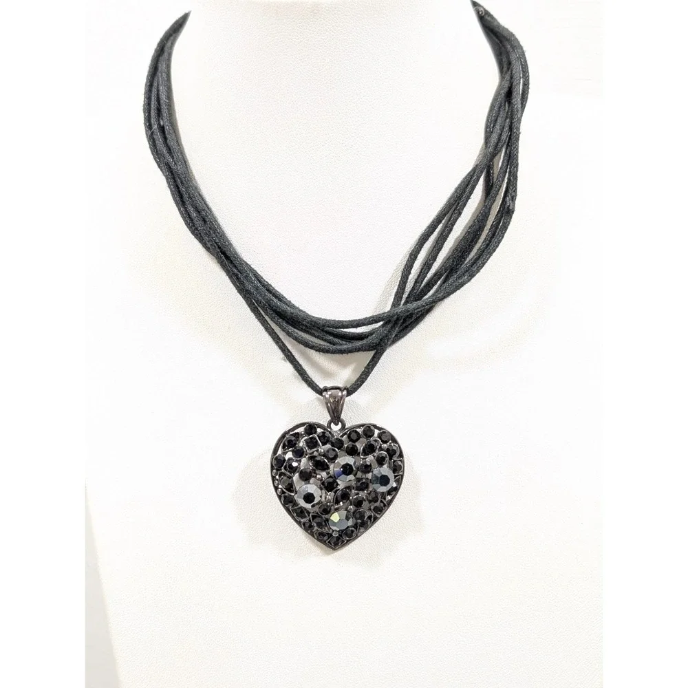 Black Heart Pendant Necklace Gothic Rhinestone Multi Cord Y2K 17